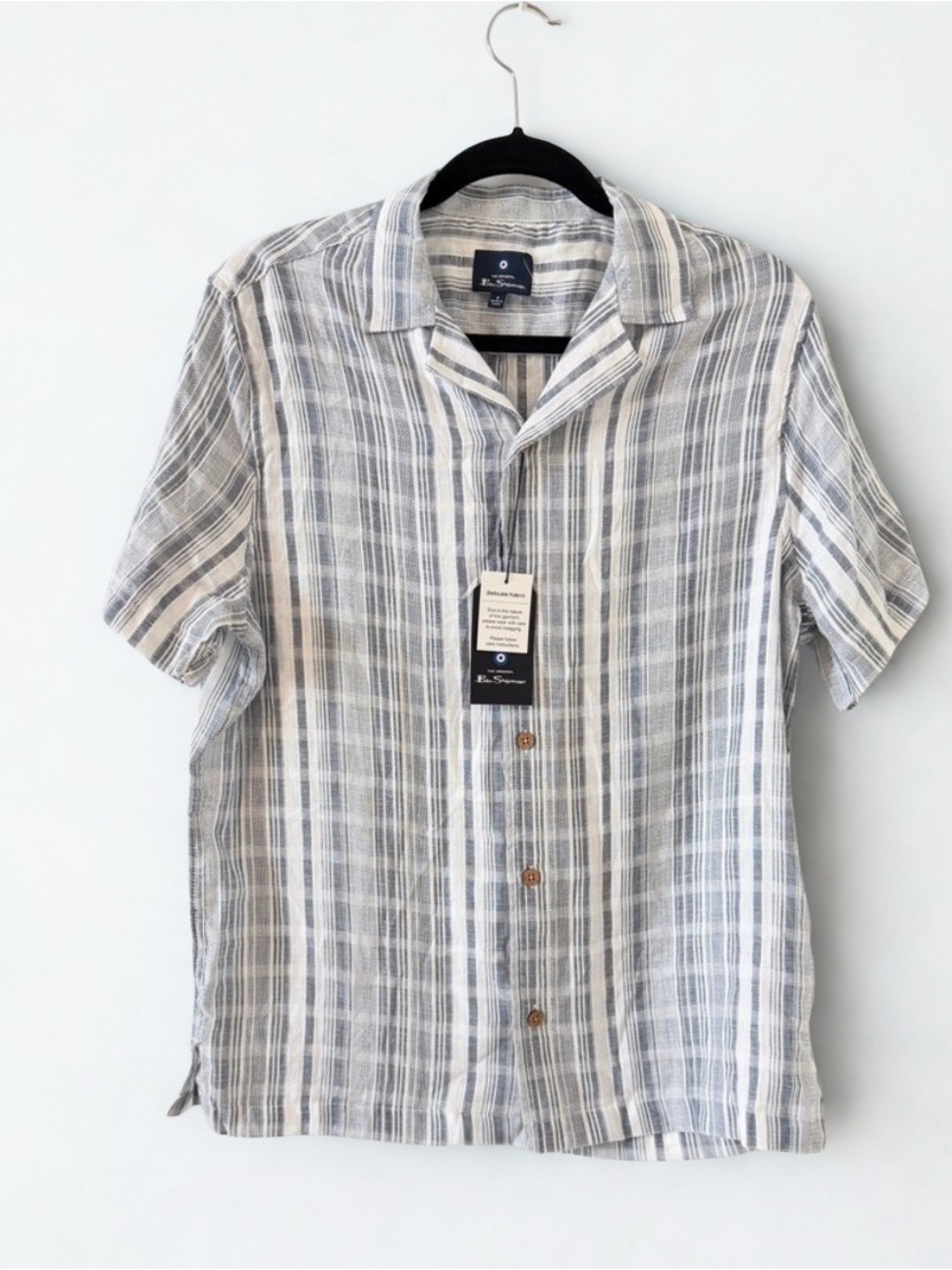 NWT Ben Sherman Blue Gray White Striped Short Sleeve Button-Down Shirt Sz Sm